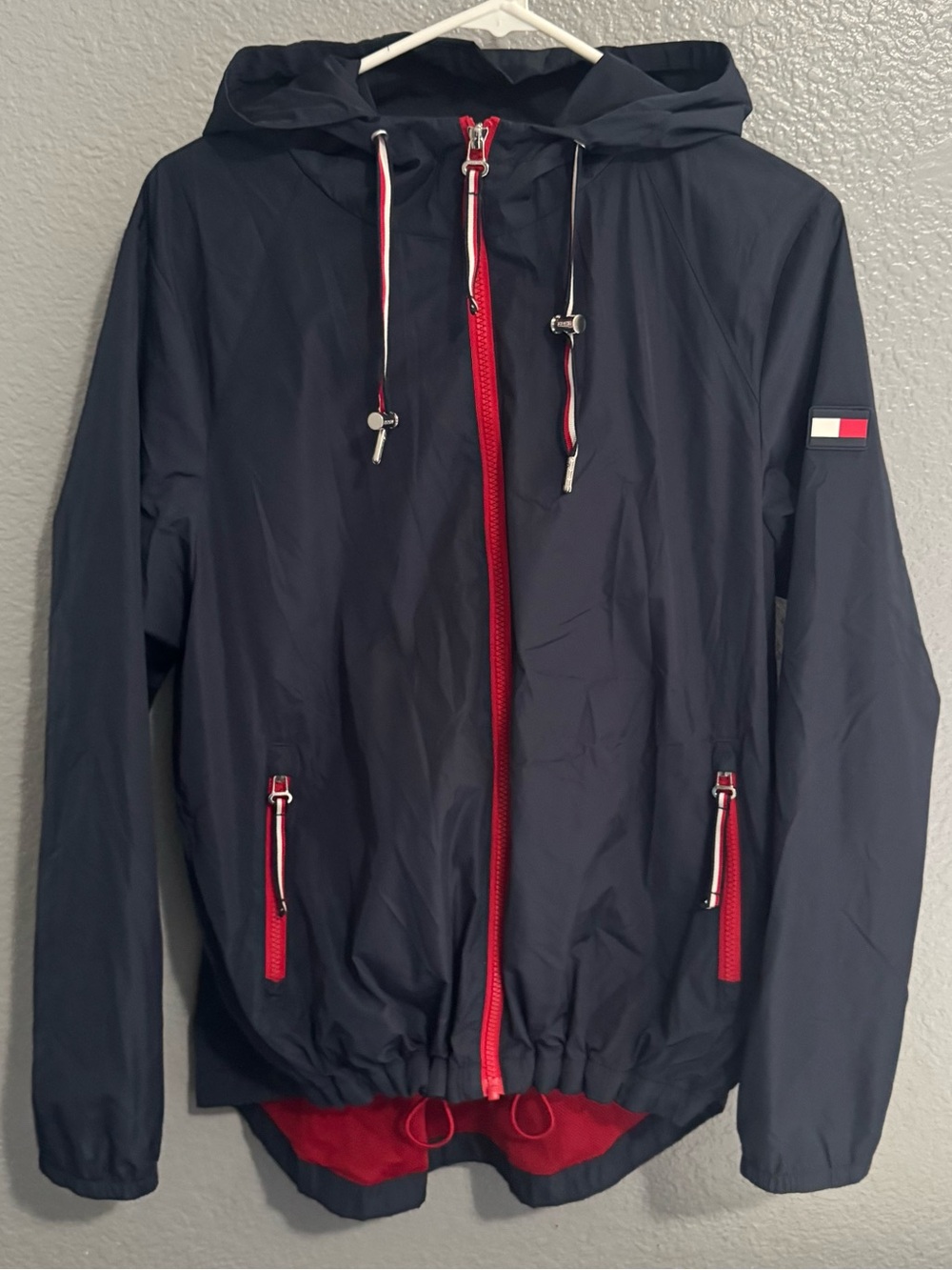 Tommy Hilfiger Navy Hooded Raincoat with Red Accents